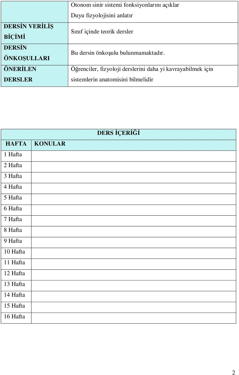 Öğrenciler, fizyoloji derslerini daha yi kavrayabilmek için sistemlerin anatomisini bilmelidir HAFTA 1 Hafta 2