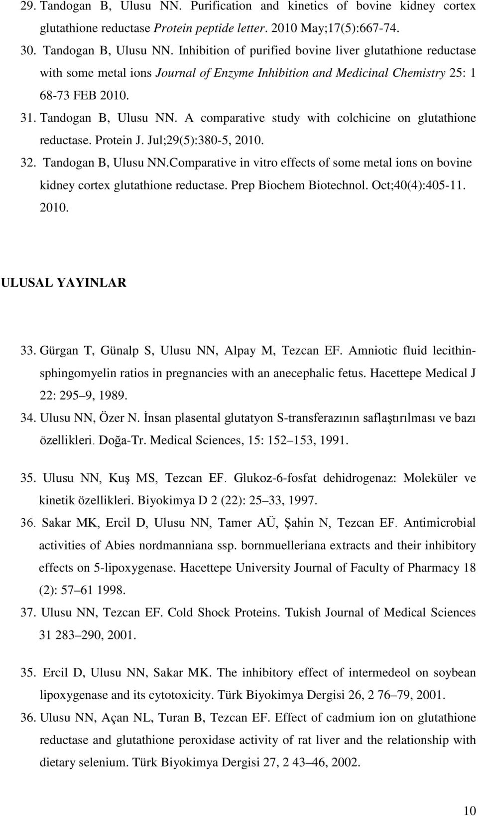 Prep Biochem Biotechnol. Oct;40(4):405-11. 2010. ULUSAL YAYINLAR 33. Gürgan T, Günalp S, Ulusu NN, Alpay M, Tezcan EF.