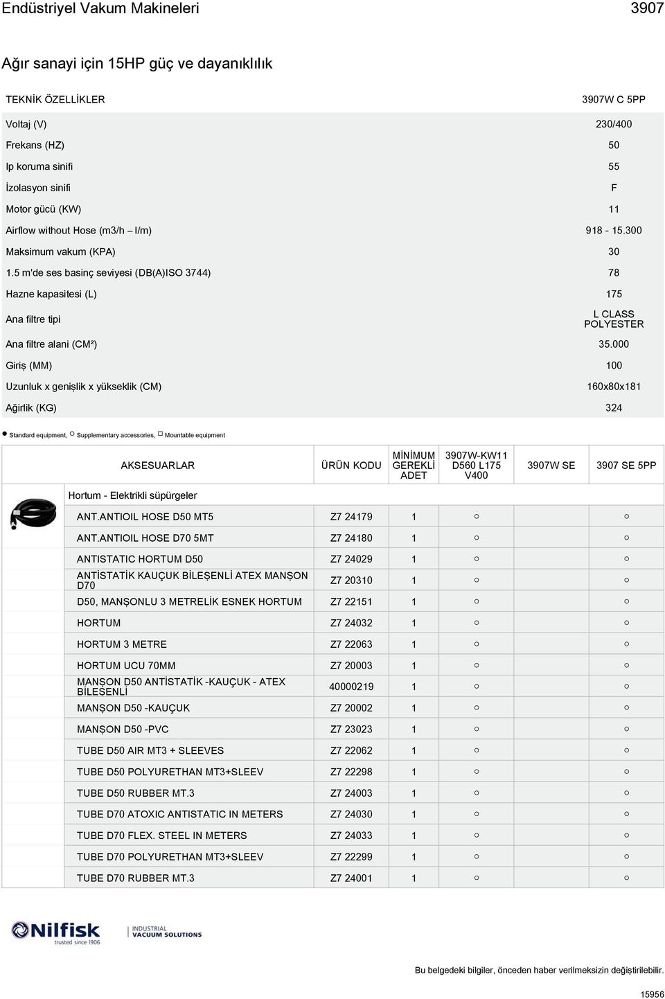 000 Giriş (MM) 100 Uzunluk x genişlik x yükseklik (CM) 160x80x181 Ağirlik (KG) 324 Standard equipment, Supplementary accessories, Mountable equipment Hortum - Elektrikli süpürgeler ANT.