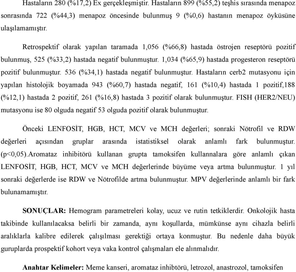 1,034 (%65,9) hastada progesteron reseptörü pozitif bulunmuştur. 536 (%34,1) hastada negatif bulunmuştur.