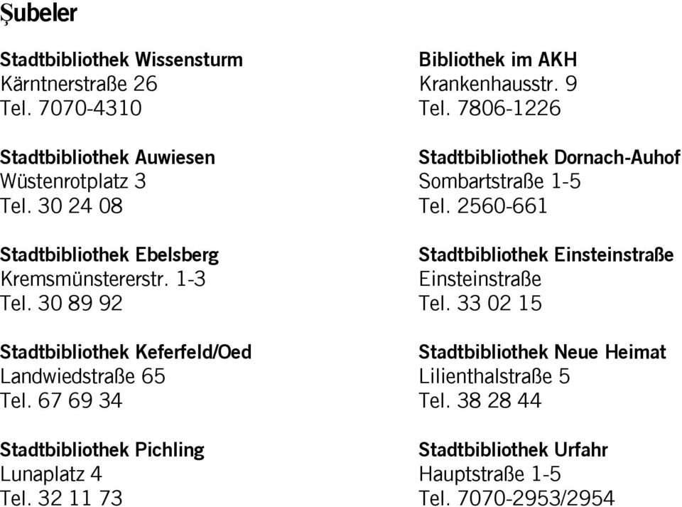 2560-661 Stadtbibliothek Ebelsberg Stadtbibliothek Einsteinstraße Kremsmünstererstr. 1-3 Einsteinstraße Tel. 30 89 92 Tel.