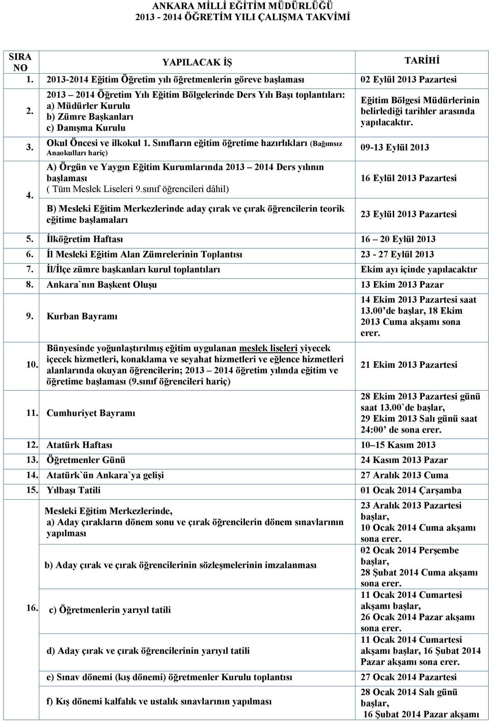 Sınıfların eğitim öğretime hazırlıkları (Bağımsız Anaokulları hariç) A) Örgün ve Yaygın Eğitim Kurumlarında 2013 2014 Ders yılının başlaması ( Tüm Meslek Liseleri 9.