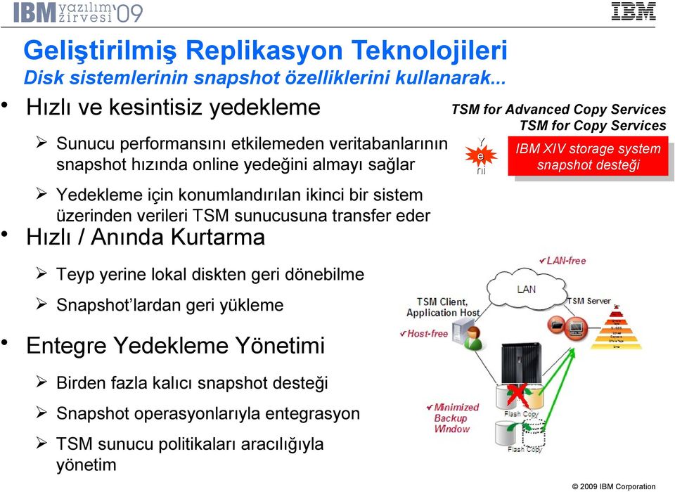 for Copy Services Y e ni IBM XIV storage system snapshot desteği Yedekleme için konumlandırılan ikinci bir sistem üzerinden verileri TSM sunucusuna transfer eder