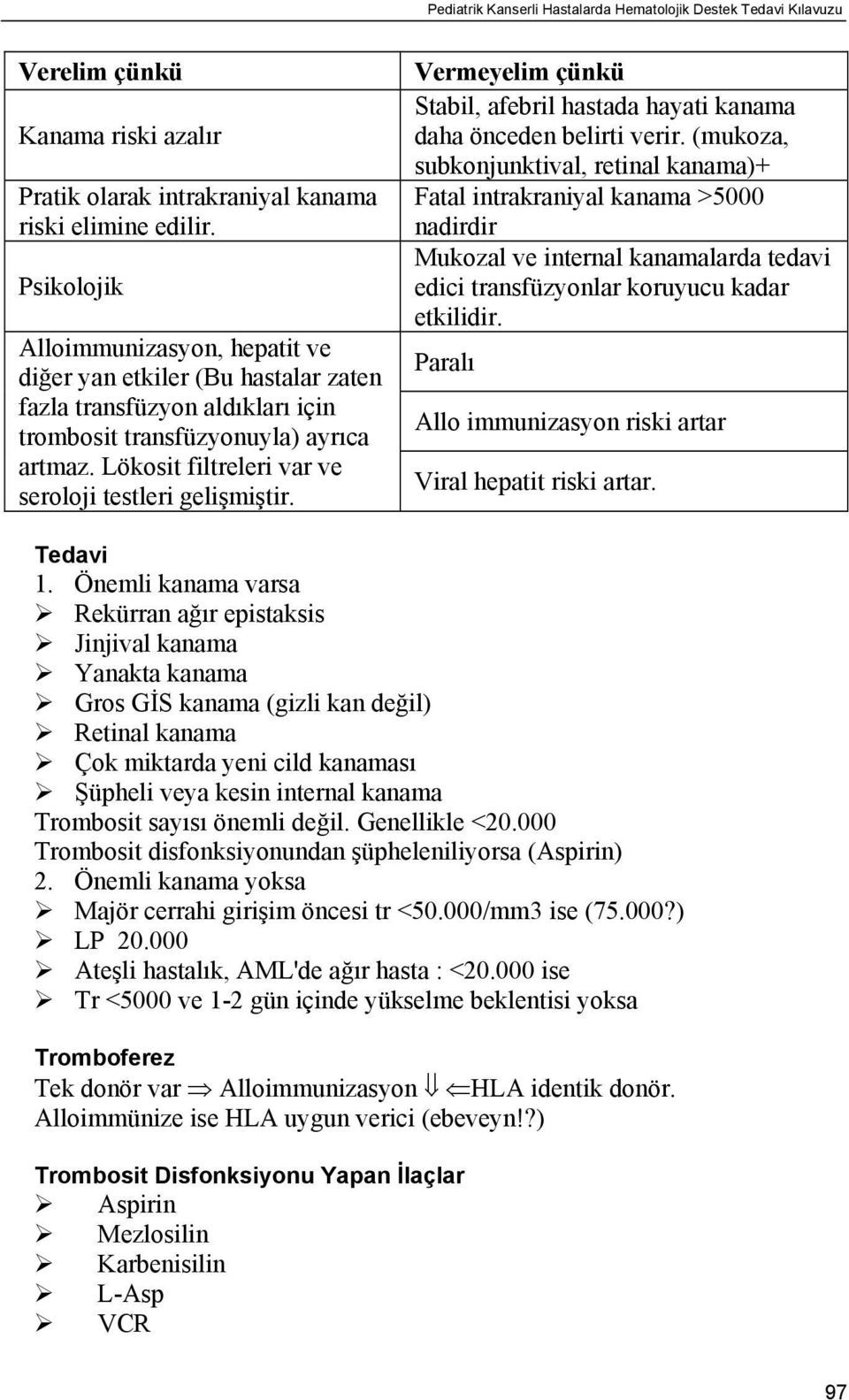 Lökosit filtreleri var ve seroloji testleri gelişmiştir. Vermeyelim çünkü Stabil, afebril hastada hayati kanama daha önceden belirti verir.