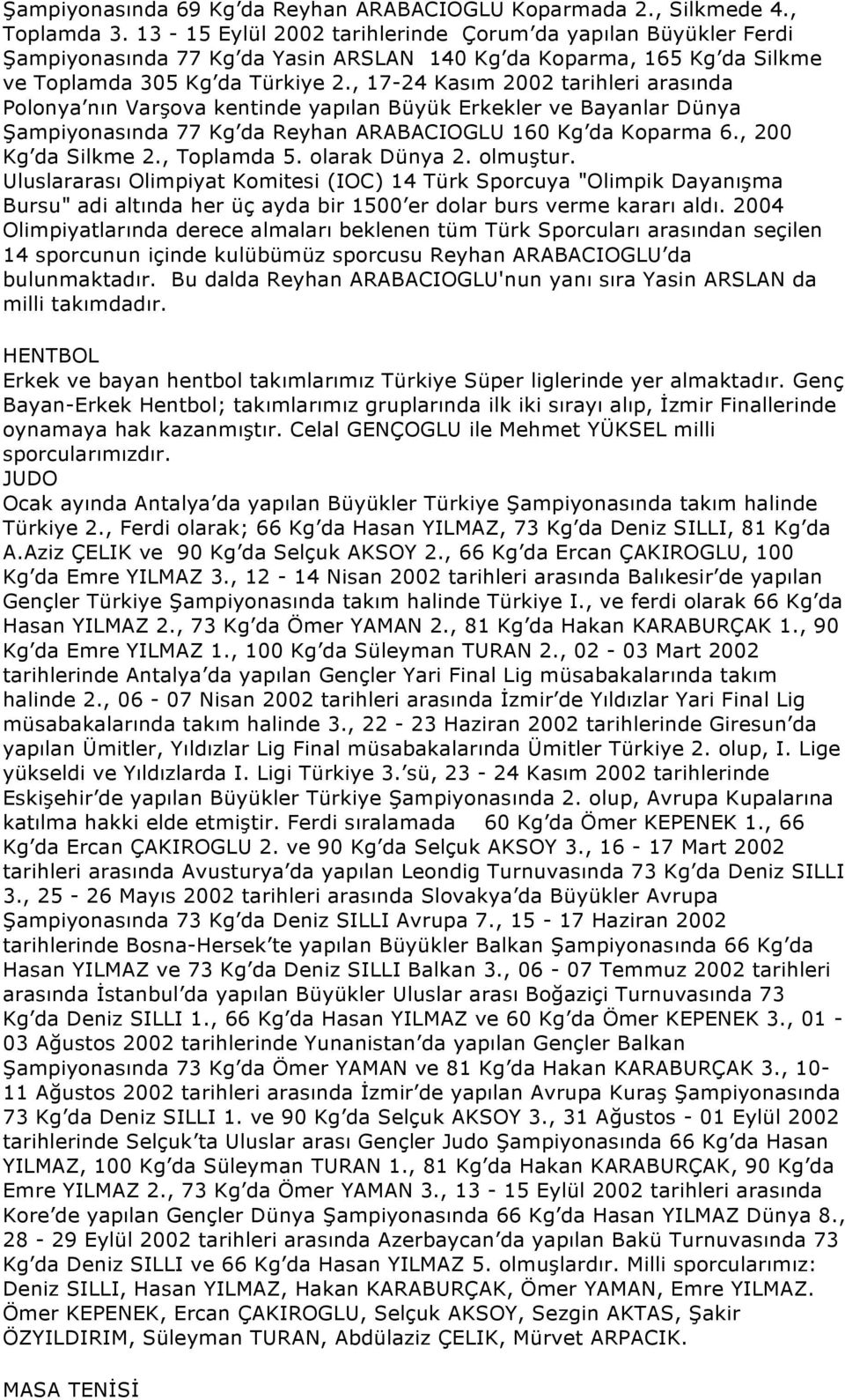 , 17-24 Kasım 2002 tarihleri arasında Polonya nın Varşova kentinde yapılan Büyük Erkekler ve Bayanlar Dünya Şampiyonasında 77 Kg da Reyhan ARABACIOGLU 160 Kg da Koparma 6., 200 Kg da Silkme 2.