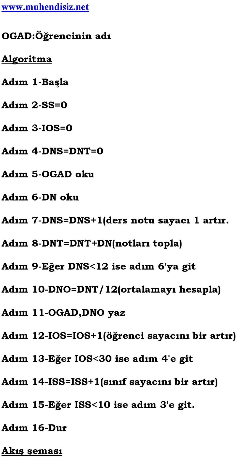 Adım 8-DNT=DNT+DN(notları topla) Adım 9-Eğer DNS<12 ise adım 6'ya git Adım 10-DNO=DNT/12(ortalamayı hesapla) Adım