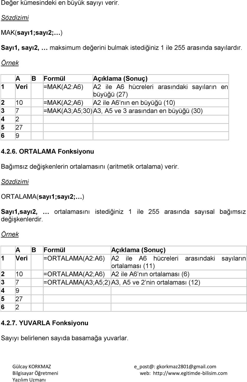 (30) 4 2 5 27 6 9 4.2.6. ORTALAMA Fonksiyonu Bağımsız değiģkenlerin ortalamasını (aritmetik ortalama) verir.