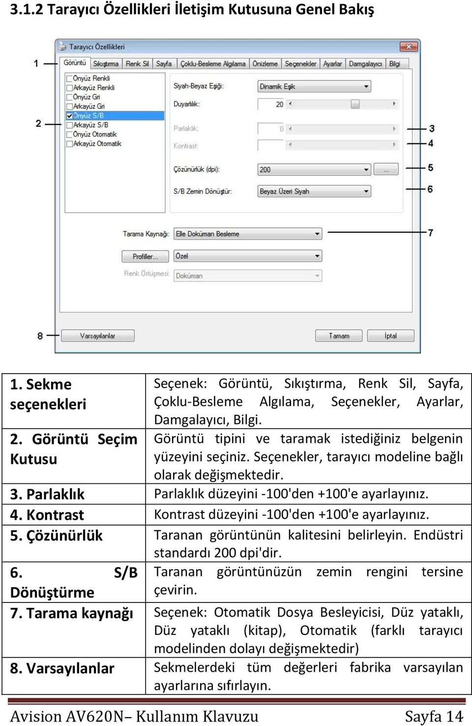 Seçenekler, tarayıcı modeline bağlı olarak değişmektedir. 3. Parlaklık Parlaklık düzeyini -100'den +100'e ayarlayınız. 4. Kontrast Kontrast düzeyini -100'den +100'e ayarlayınız. 5.