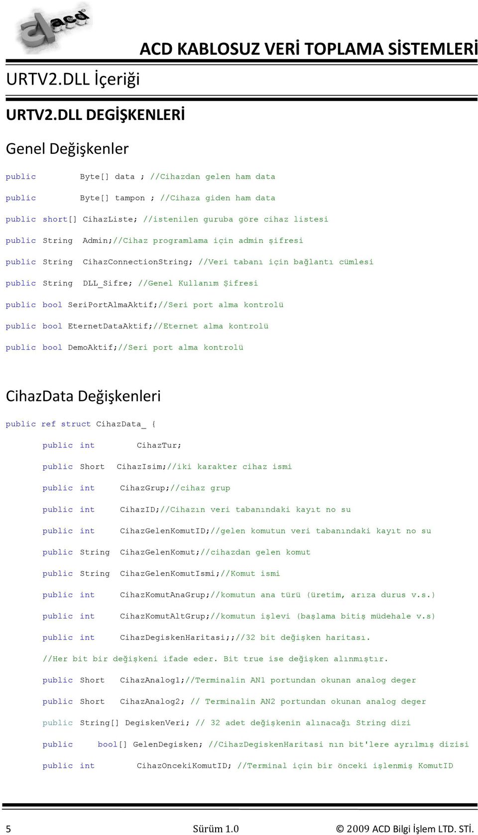 public String Admin;//Cihaz programlama için admin şifresi public String CihazConnectionString; //Veri tabanı için bağlantı cümlesi public String DLL_Sifre; //Genel Kullanım Şifresi public bool