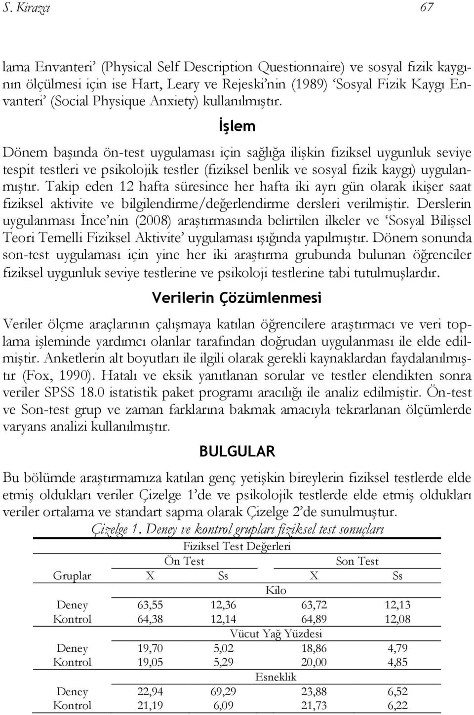 İşlem Dönem başında ön-test uygulaması için sağlığa ilişkin fiziksel uygunluk seviye tespit testleri ve psikolojik testler (fiziksel benlik ve sosyal fizik kaygı) uygulanmıştır.