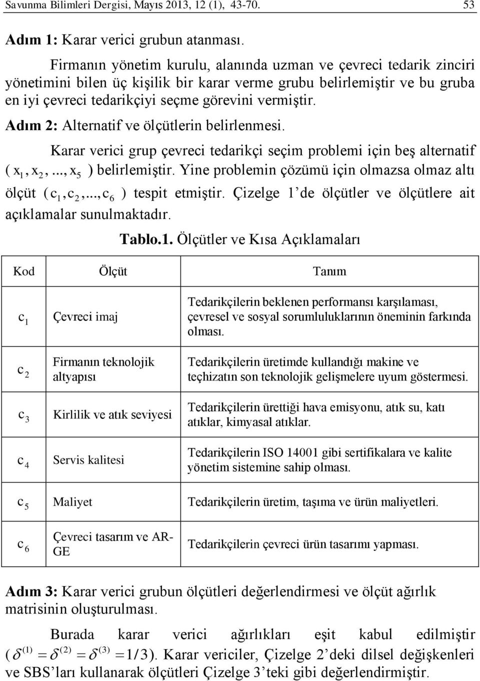 dım : lternatf ve ölçütlern belrlenmes. Karar ver grup çevre tedarkç seçm problem çn beş alternatf (,,..., 5 ) belrlemştr. Yne problemn çözümü çn olmazsa olmaz altı ölçüt (,,..., 6 ) tespt etmştr.