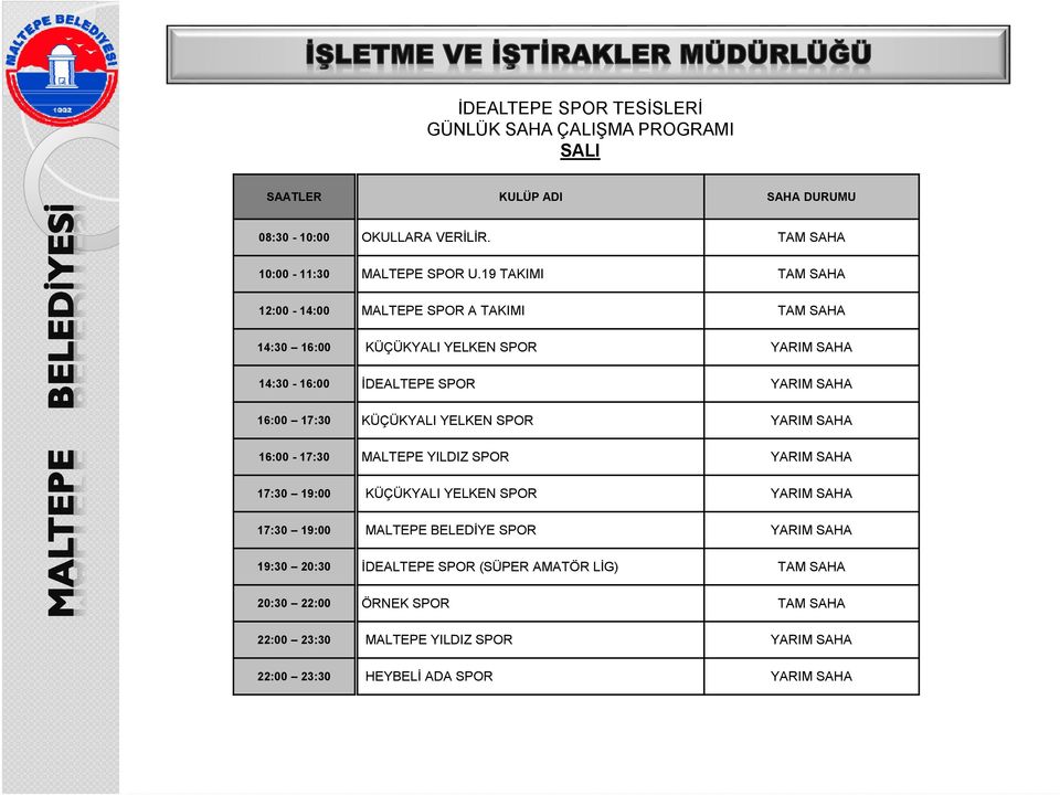 19 TAKIMI 12:00-14:00 MALTEPE SPOR A TAKIMI 14:30 16:00 14:30-16:00 İDEALTEPE SPOR 16:00 17:30