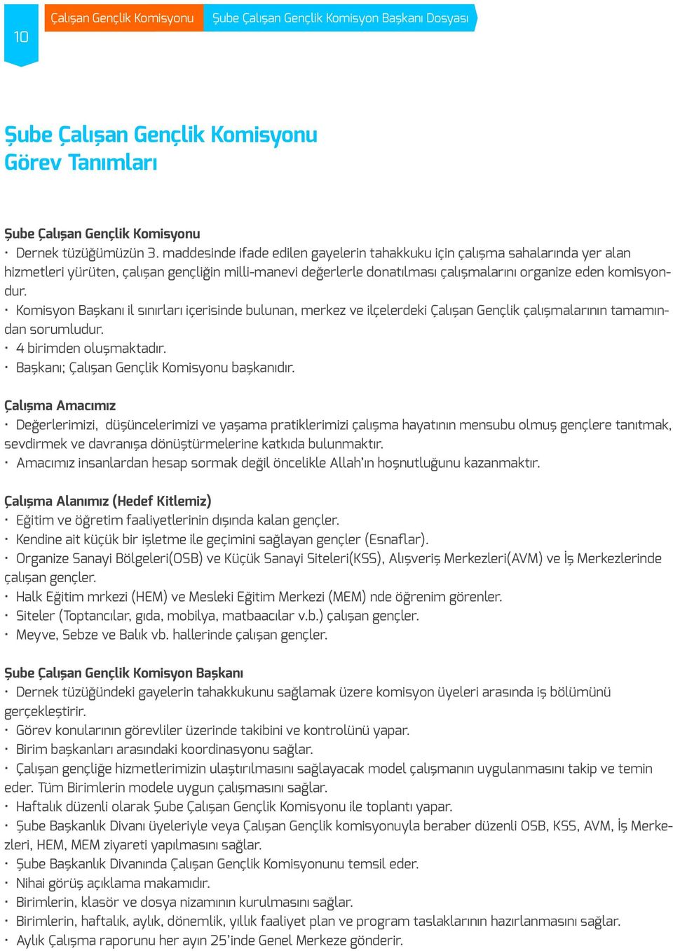 Komisyon Başkanı il sınırları içerisinde bulunan, merkez ve ilçelerdeki Çalışan Gençlik çalışmalarının tamamından sorumludur. 4 birimden oluşmaktadır. Başkanı; başkanıdır.