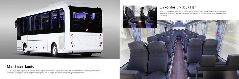 Maksimum konfor STAR, 31 kişilik yolcu kapasitesi, 4,25 m 3 lük yüksek kapasiteli ve kesintisiz bagajı, aracın arkasında