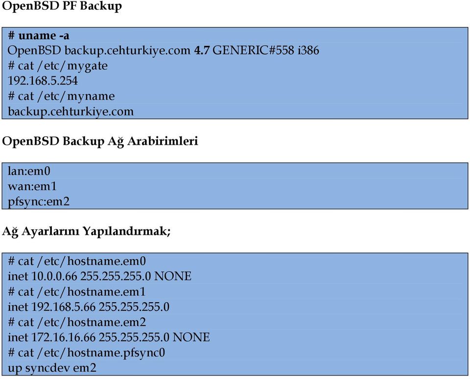 com OpenBSD Backup Ağ Arabirimleri lan:em0 wan:em1 pfsync:em2 Ağ Ayarlarını Yapılandırmak; # cat /etc/hostname.