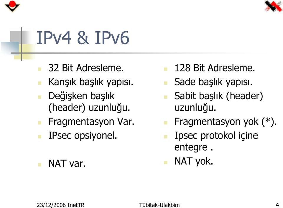 NAT var. 128 Bit Adresleme. Sade başlık yapısı.