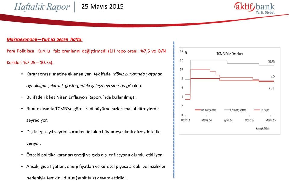 Bu ifade ilk kez Nisan Enflasyon Raporu nda kullanılmıştı. Bunun dışında TCMB ye göre kredi büyüme hızları makul düzeylerde seyrediyor.