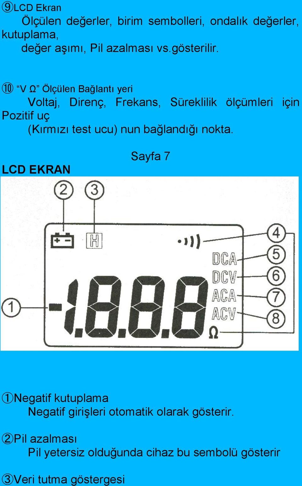 ➉ V Ω Ölçülen Bağlantı yeri Voltaj, Direnç, Frekans, Süreklilik ölçümleri için Pozitif uç (Kırmızı test