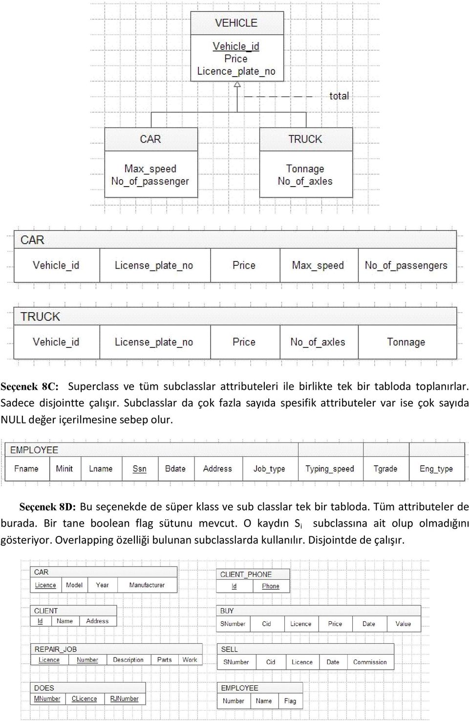 Seçenek 8D: Bu seçenekde de süper klass ve sub classlar tek bir tabloda. Tüm attributeler de burada.