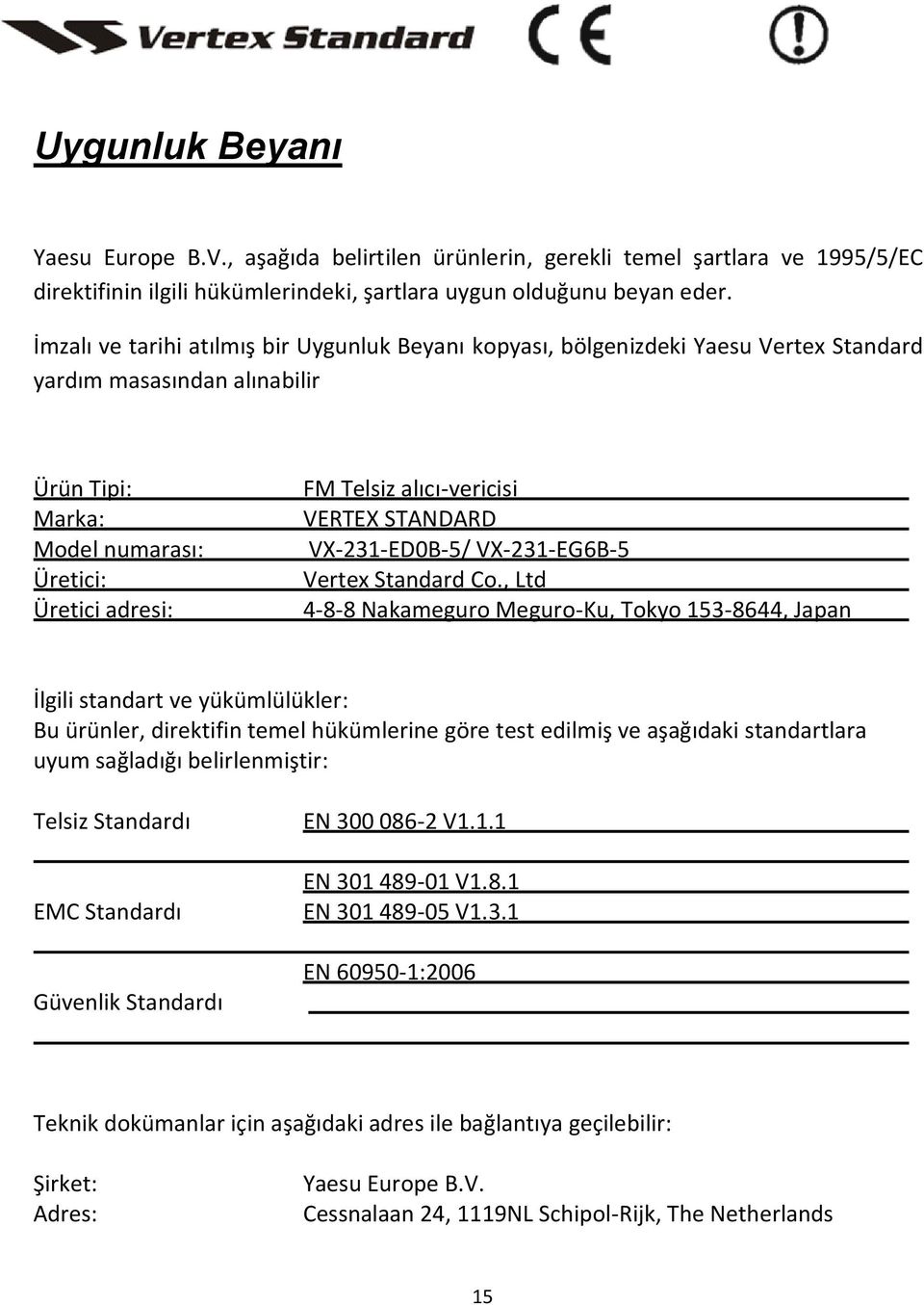 alıcı-vericisi VERTEX STANDARD VX-231-ED0B-5/ VX-231-EG6B-5 Vertex Standard Co.