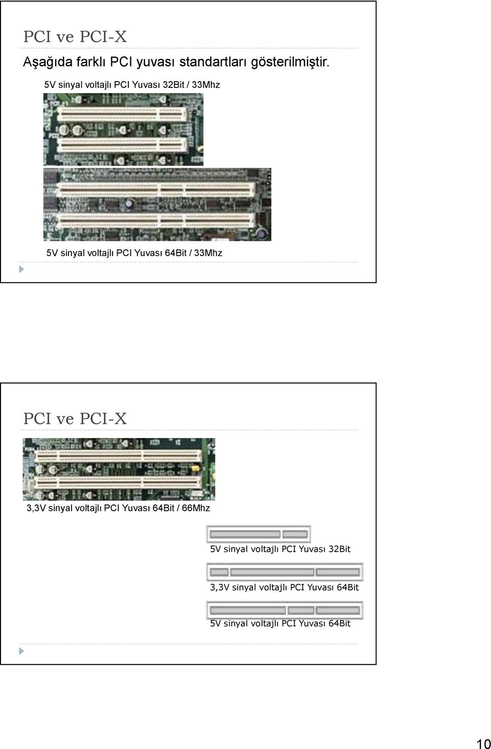 33Mhz PCI ve PCI-X 3,3V sinyal voltajlı PCI Yuvası 64Bit / 66Mhz 5V sinyal