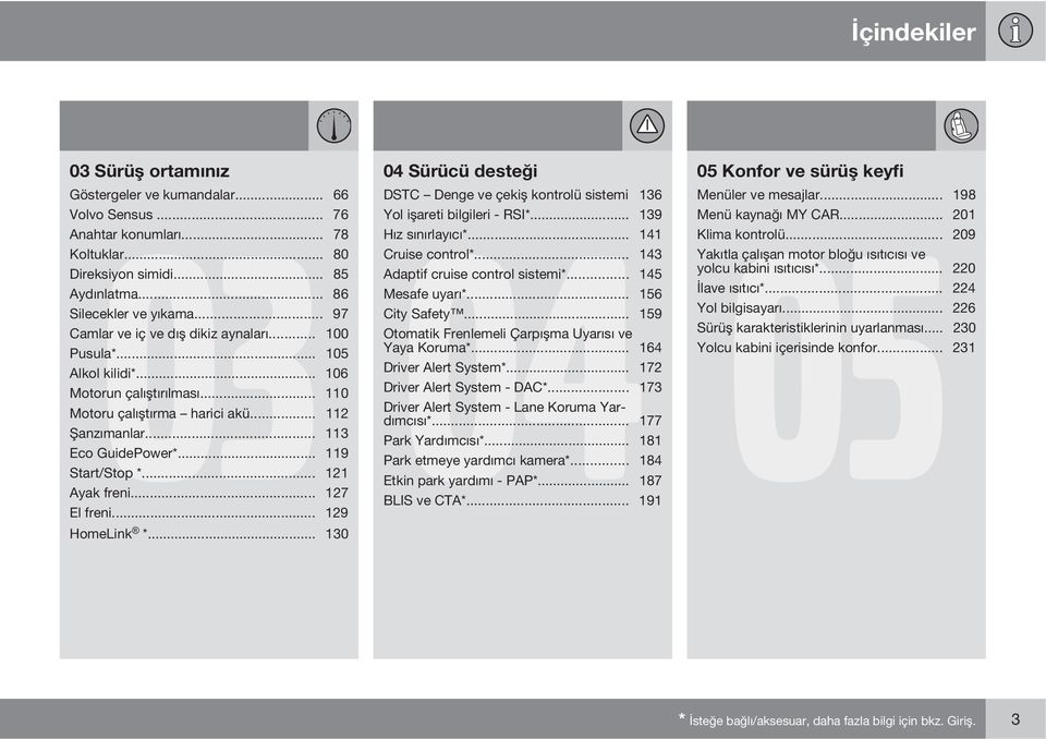 .. 97 City Safety... 159 Camlar ve iç ve dış dikiz aynaları... 100 Otomatik Frenlemeli Çarpışma Uyarısı ve Pusula*... 105 Yaya Koruma*... 164 Alkol kilidi*... 106 Driver Alert System*.