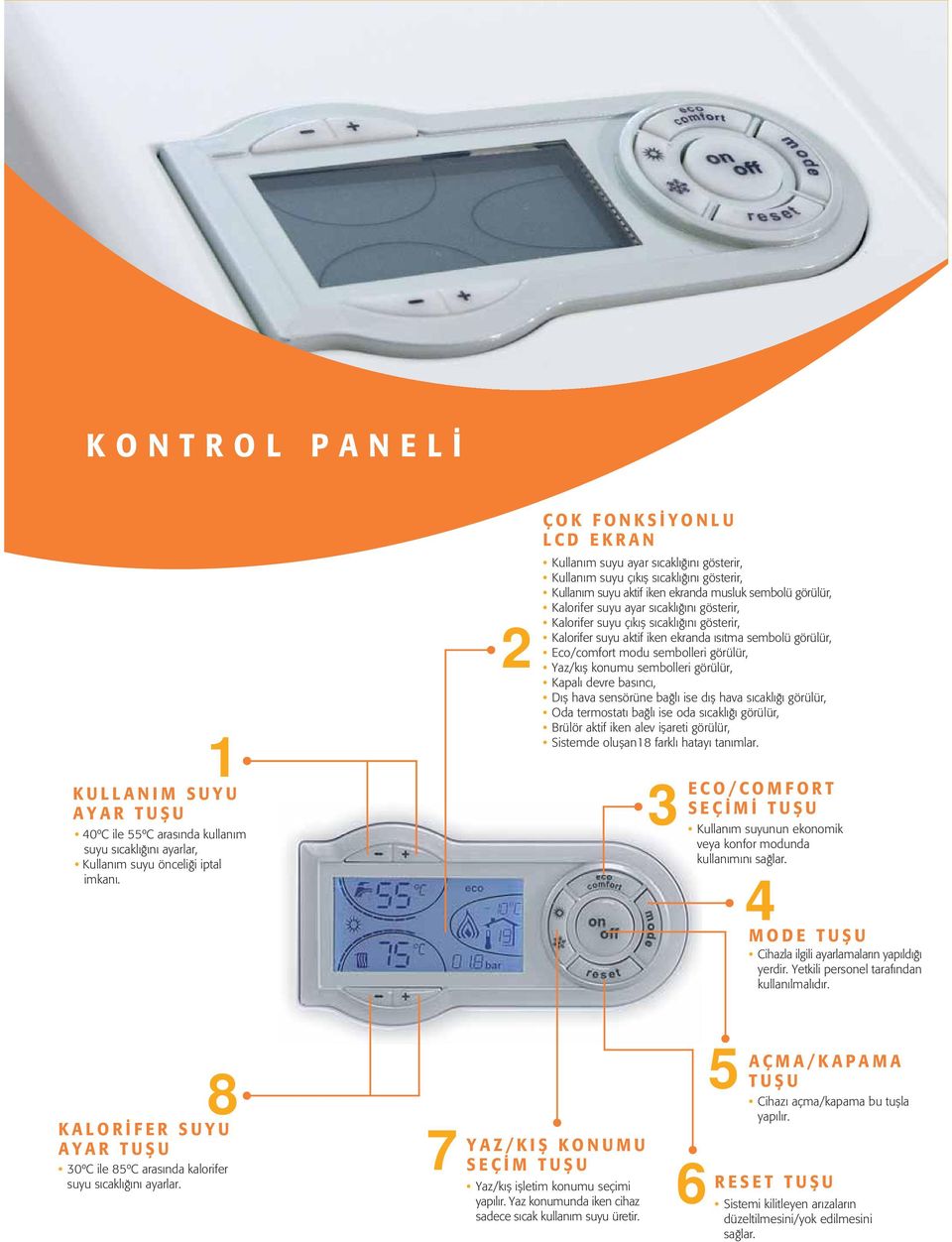 gösterir, Kalorifer suyu ç k fl s cakl n gösterir, Kalorifer suyu aktif iken ekranda s tma sembolü görülür, Eco/comfort modu sembolleri görülür, Yaz/k fl konumu sembolleri görülür, Kapal devre bas