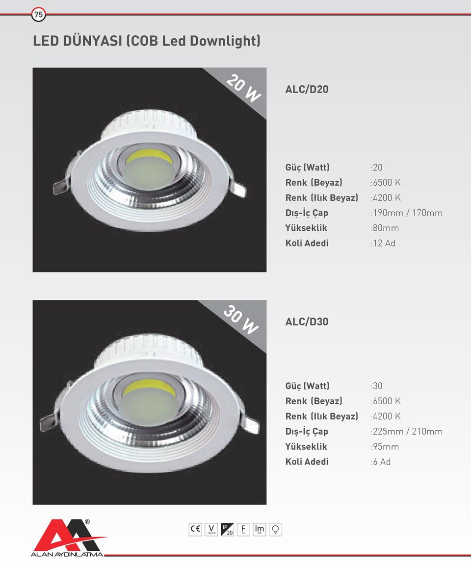 :12 Ad 30 W ALC/D30 Güç (Watt) :30 Renk (Beyaz) :6500 K Renk (Ilık Beyaz) :4200 K