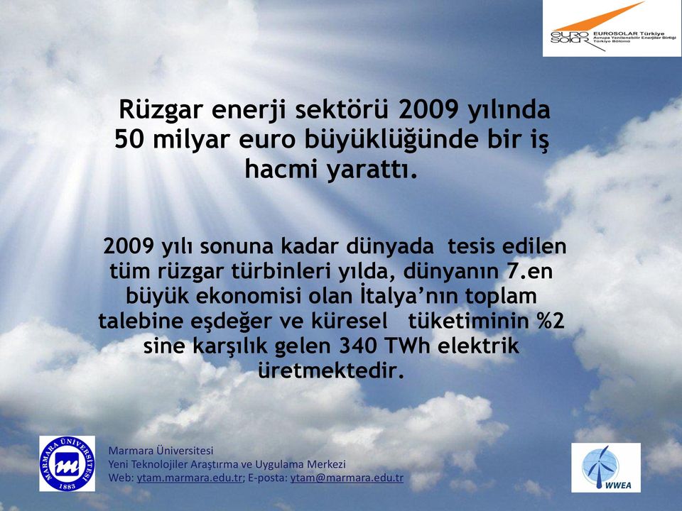 2009 yılı sonuna kadar dünyada tesis edilen tüm rüzgar türbinleri yılda,