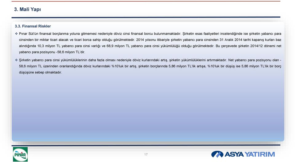 2014 yılsonu itibariyle şirketin yabancı para cinsinden 31 Aralık 2014 tarihi kapanış kurları baz alındığında 10,3 milyon TL yabancı para cinsi varlığı ve 68,9 milyon TL yabancı para cinsi