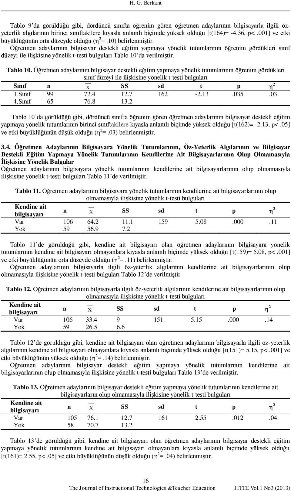 Öğretmen adaylarının bilgisayar destekli eğitim yapmaya yönelik tutumlarının öğrenim gördükleri sınıf düzeyi ile ilişkisine yönelik t-testi bulguları Tablo 10 