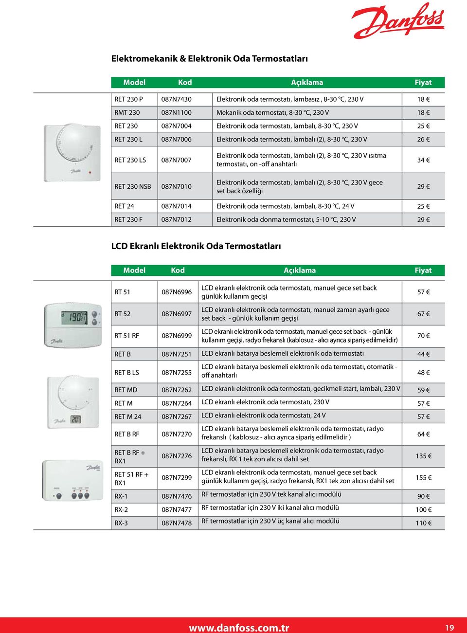 230 V ısıtma termostatı, on -off anahtarlı 34 RET 230 NSB 087N7010 Elektronik oda termostatı, lambalı (2), 8-30 C, 230 V gece set back özelliği 29 RET 24 087N7014 Elektronik oda termostatı, lambalı,