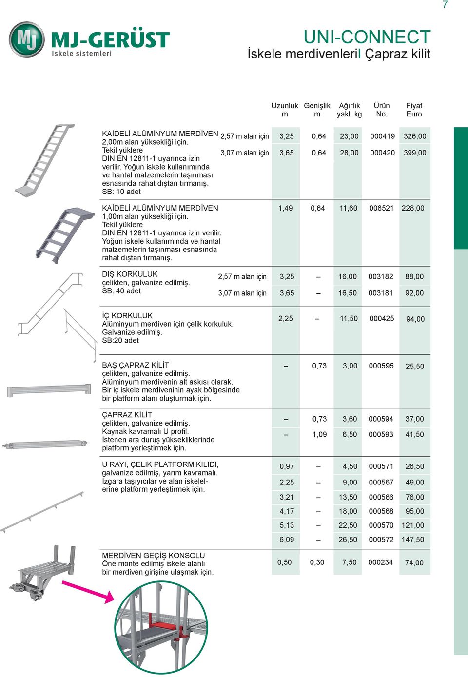 SB: 10 adet 2,57 alan için 3,25 0,64 23,00 000419 326,00 3,07 alan için 3,65 0,64 28,00 000420 399,00 KAİDELİ ALÜMİNYUM MERDİVEN 1,00 alan yüksekliği için.