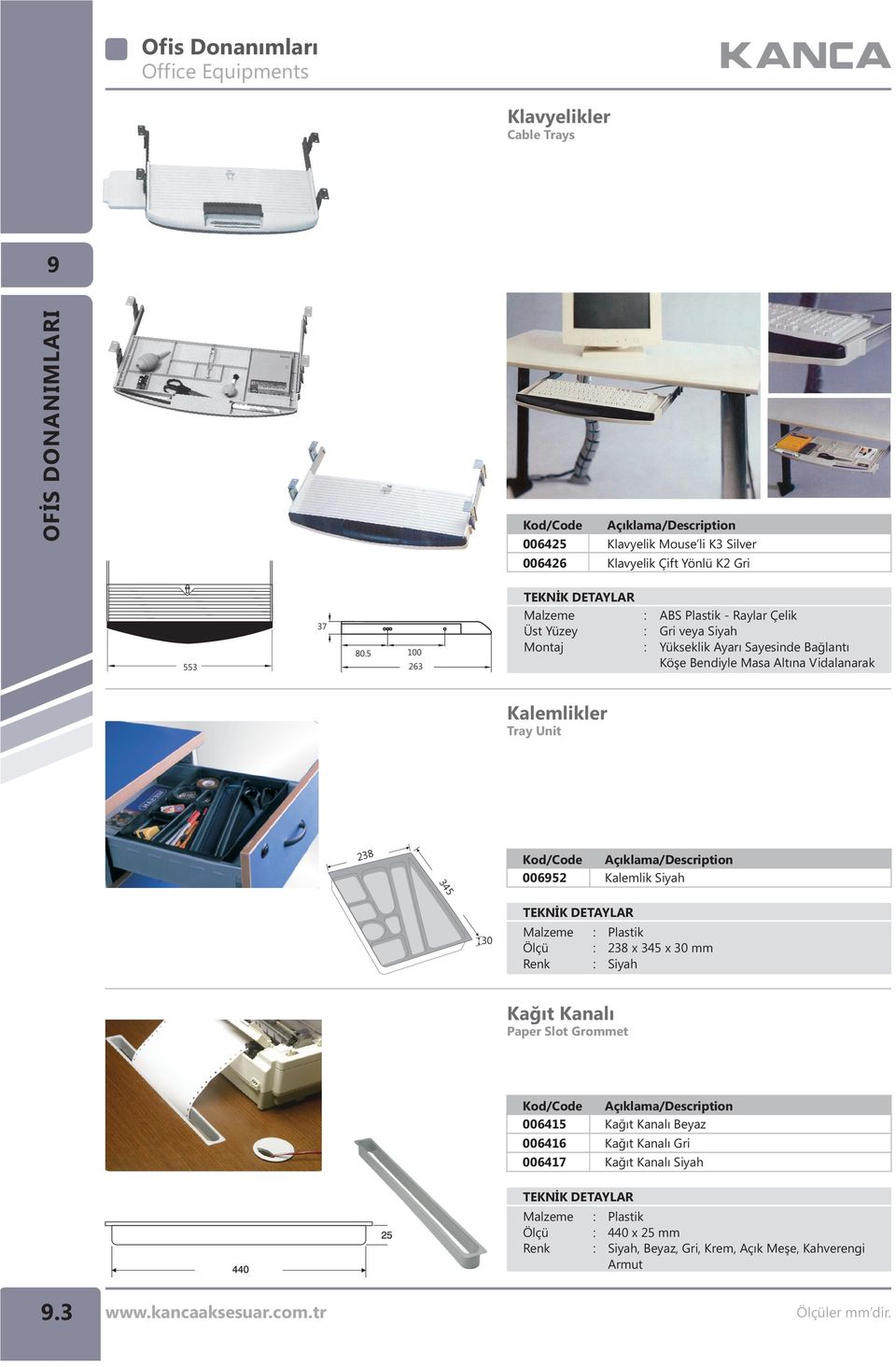 Kalemlikler Tray Unit 238 00652 Kalemlik Siyah 345 30 Plastik Ölçü : 238 x 345 x 30 mm Renk : Siyah Kaðýt Kanalý Paper Slot Grommet 006415 006416