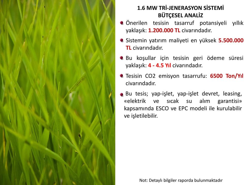 5 Yıl civarındadır. Tesisin CO2 emisyon tasarrufu: 6500 Ton/Yıl civarındadır.