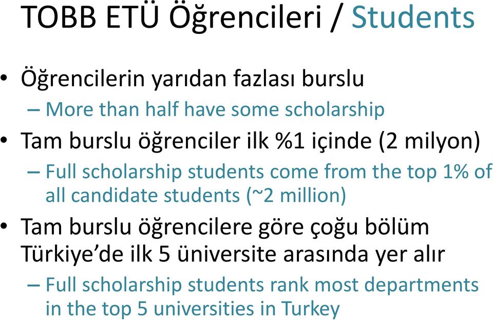 top 1% of all candidate students (~2 million) Tam burslu öğrencilere göre çoğu bölüm Türkiye de ilk 5