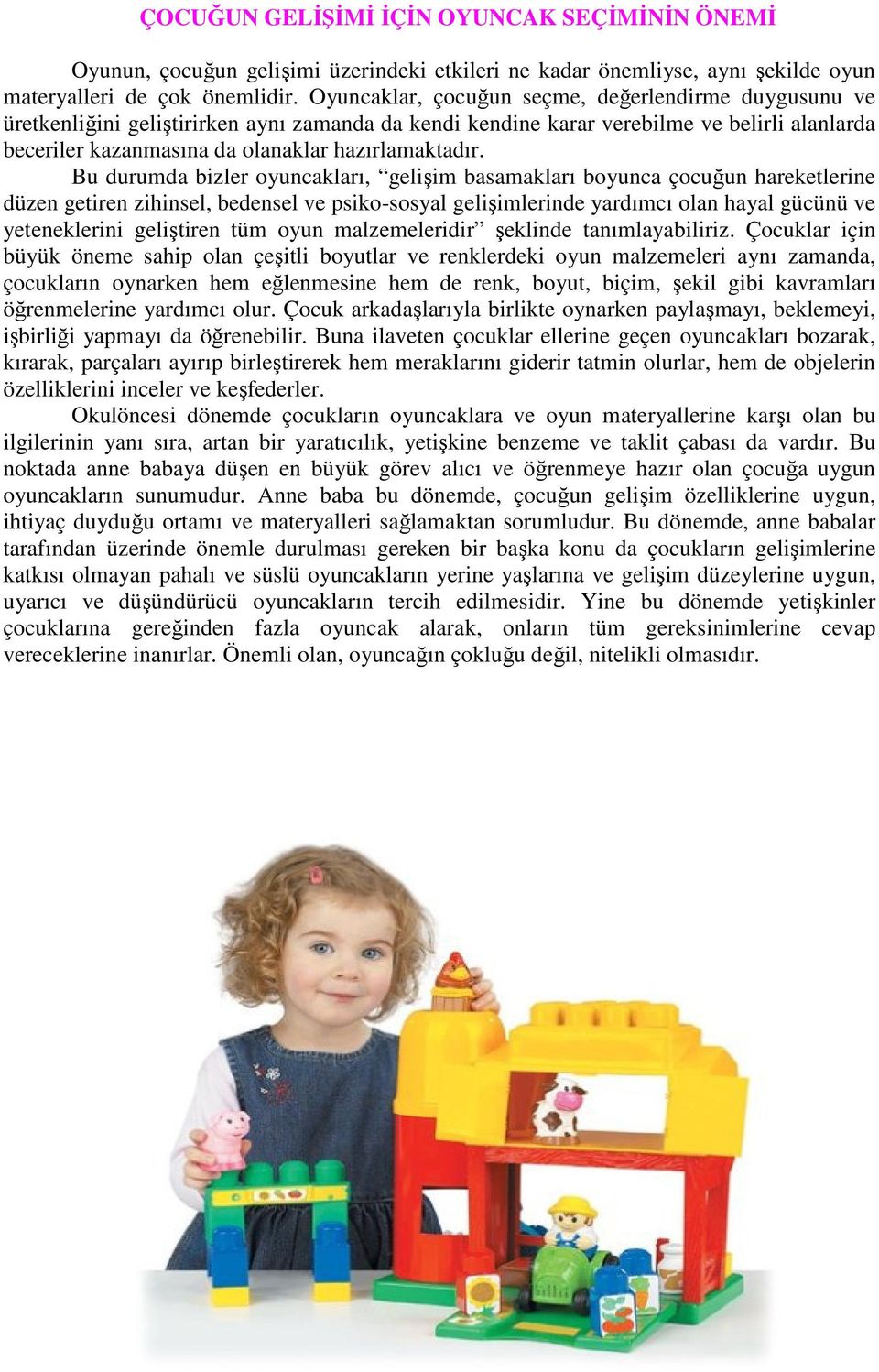 Bu durumda bizler oyuncakları, gelişim basamakları boyunca çocuğun hareketlerine düzen getiren zihinsel, bedensel ve psiko-sosyal gelişimlerinde yardımcı olan hayal gücünü ve yeteneklerini geliştiren