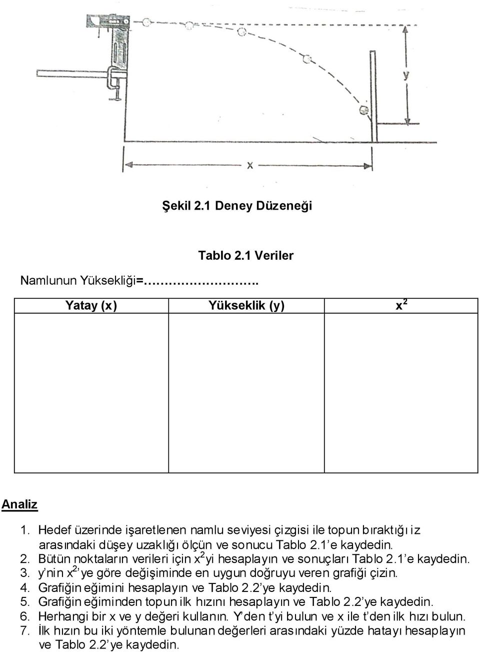 1 e kaydedin. 2. Bütün noktaların verileri için x 2 yi hesaplayın ve sonuçları Tablo 2.1 e kaydedin. 3. y nin x 2 ye göre değişiminde en uygun doğruyu veren grafiği çizin. 4.