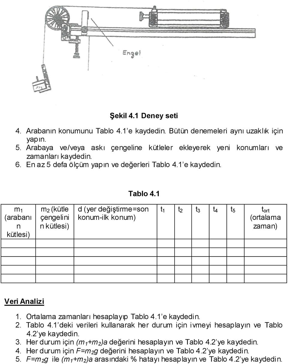 1 e kaydedin. Tablo 4.1 m 1 (arabanı n kütlesi) m 2 (kütle çengelini n kütlesi) d (yer değiştirme=son konum-ilk konum) t 1 t 2 t 3 t 4 t 5 t ort (ortalama zaman) Veri Analizi 1.