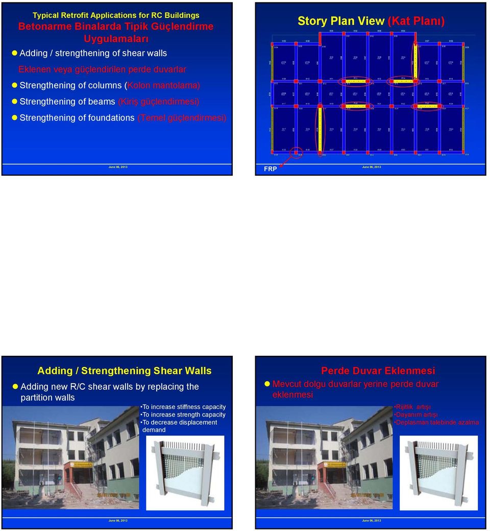 View (Kat Planı) FRP Adding / Strengthening Shear Walls Adding new R/C shear walls by replacing the partition walls To increase stiffness capacity To increase