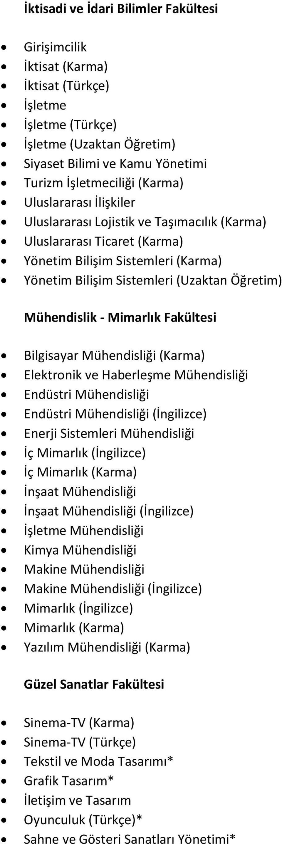 Fakültesi Bilgisayar Mühendisliği (Karma) Elektronik ve Haberleşme Mühendisliği Endüstri Mühendisliği Endüstri Mühendisliği (İngilizce) Enerji Sistemleri Mühendisliği İç Mimarlık (İngilizce) İç