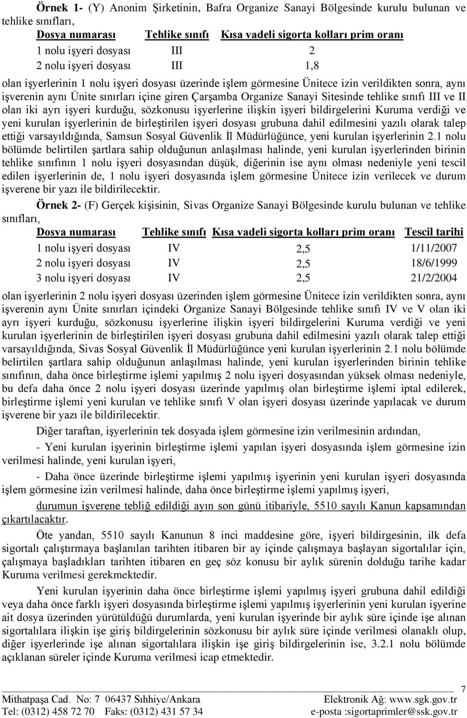 Sitesinde tehlike sınıfı III ve II olan iki ayrı işyeri kurduğu, sözkonusu işyerlerine ilişkin işyeri bildirgelerini Kuruma verdiği ve yeni kurulan işyerlerinin de birleştirilen işyeri dosyası