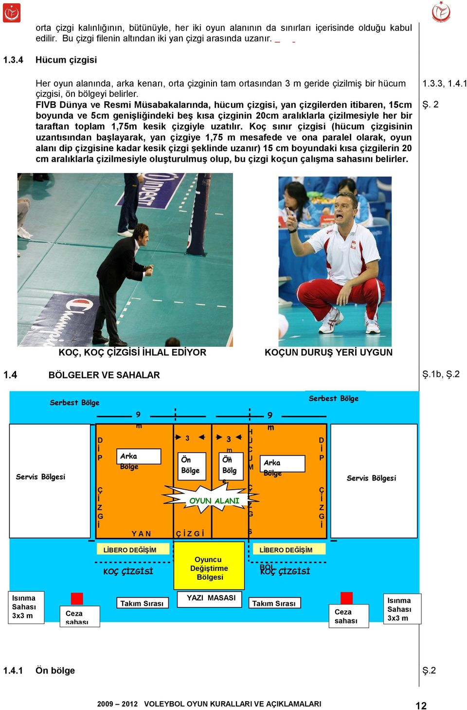 FIVB Dünya ve Resmi Müsabakalarında, hücum çizgisi, yan çizgilerden itibaren, 15cm boyunda ve 5cm genişliğindeki beş kısa çizginin 20cm aralıklarla çizilmesiyle her bir taraftan toplam 1,75m kesik