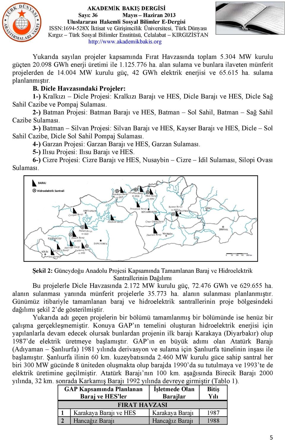 Dicle Havzasındaki Projeler: 1-) Kralkızı Dicle Projesi: Kralkızı Barajı ve HES, Dicle Barajı ve HES, Dicle Sağ Sahil Cazibe ve Pompaj Sulaması.