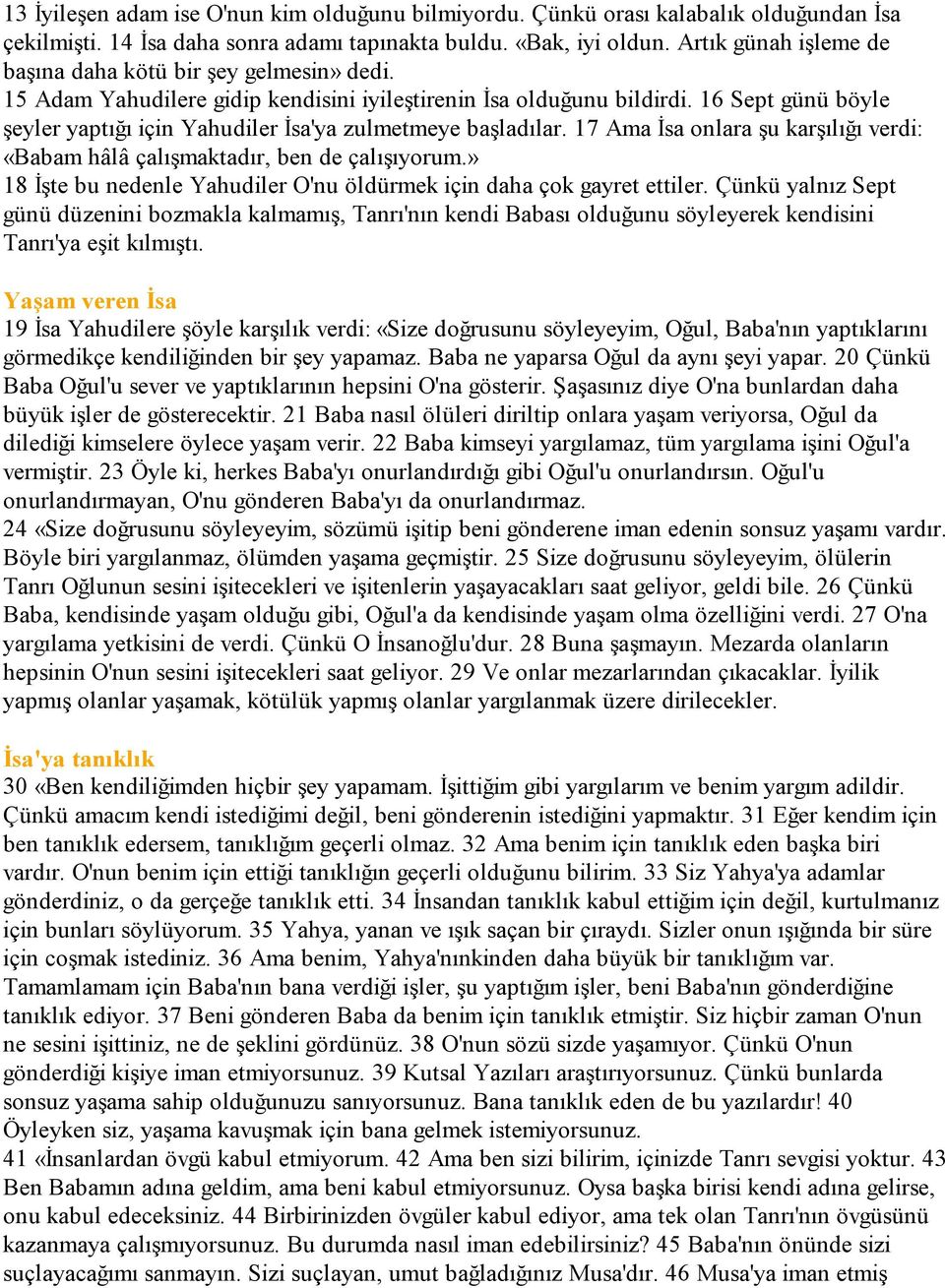 16 Sept günü böyle şeyler yaptığı için Yahudiler Đsa'ya zulmetmeye başladılar. 17 Ama Đsa onlara şu karşılığı verdi: «Babam hâlâ çalışmaktadır, ben de çalışıyorum.