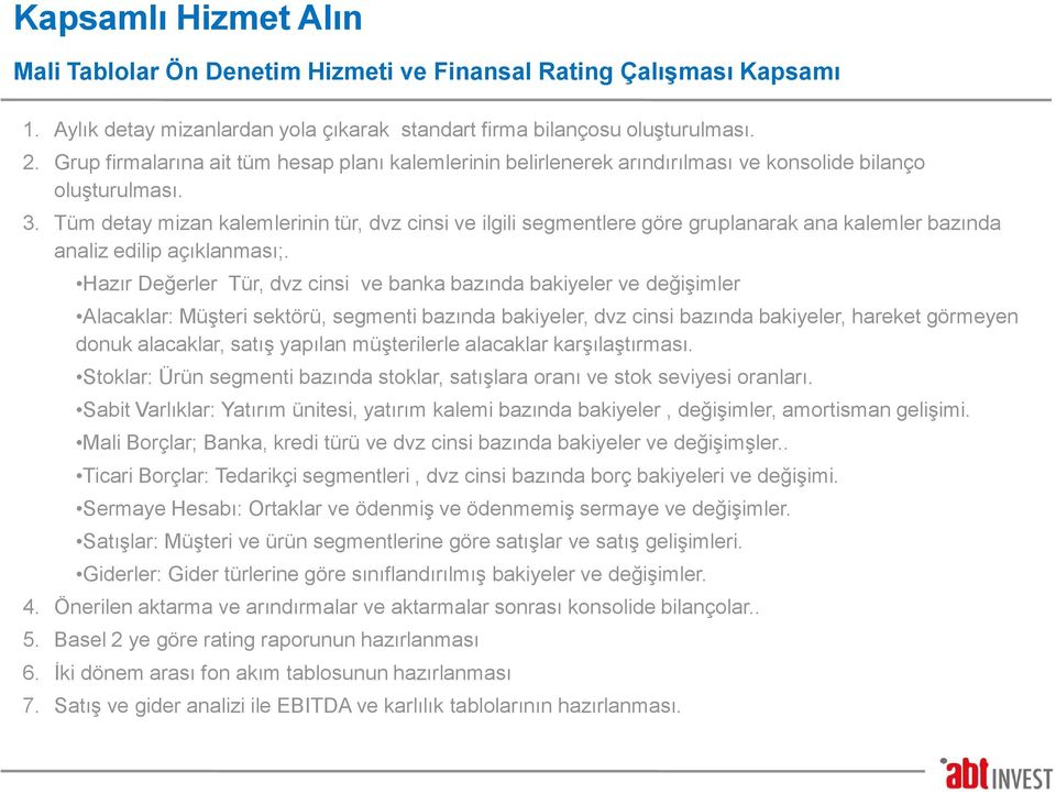 Tüm detay mizan kalemlerinin tür, dvz cinsi ve ilgili segmentlere göre gruplanarak ana kalemler bazında analiz edilip açıklanması;.