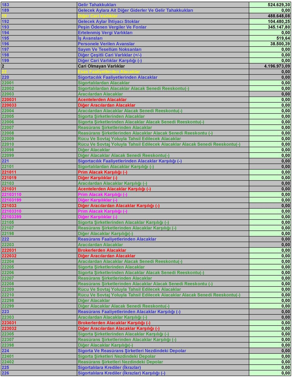 500,39 197 Sayım Ve Tesellüm Noksanları 0,00 198 Diğer Çeşitli Cari Varlıklar (+/-) 0,00 199 Diğer Cari Varlıklar Karşılığı (-) 0,00 2 Cari Olmayan Varlıklar 4.196.