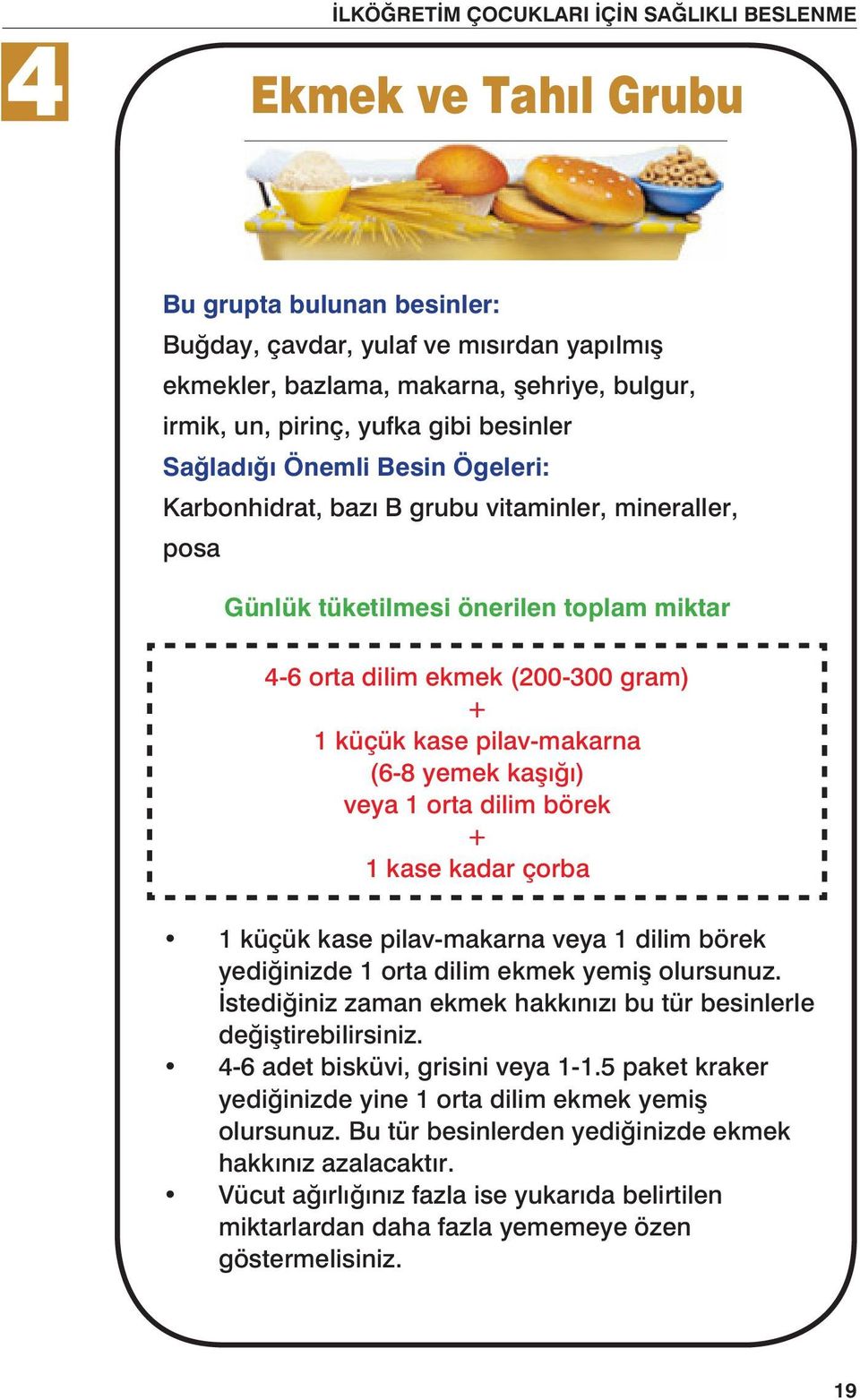 küçük kase pilav-makarna (6-8 yemek kaşığı) veya 1 orta dilim börek + 1 kase kadar çorba 1 küçük kase pilav-makarna veya 1 dilim börek yediğinizde 1 orta dilim ekmek yemiş olursunuz.