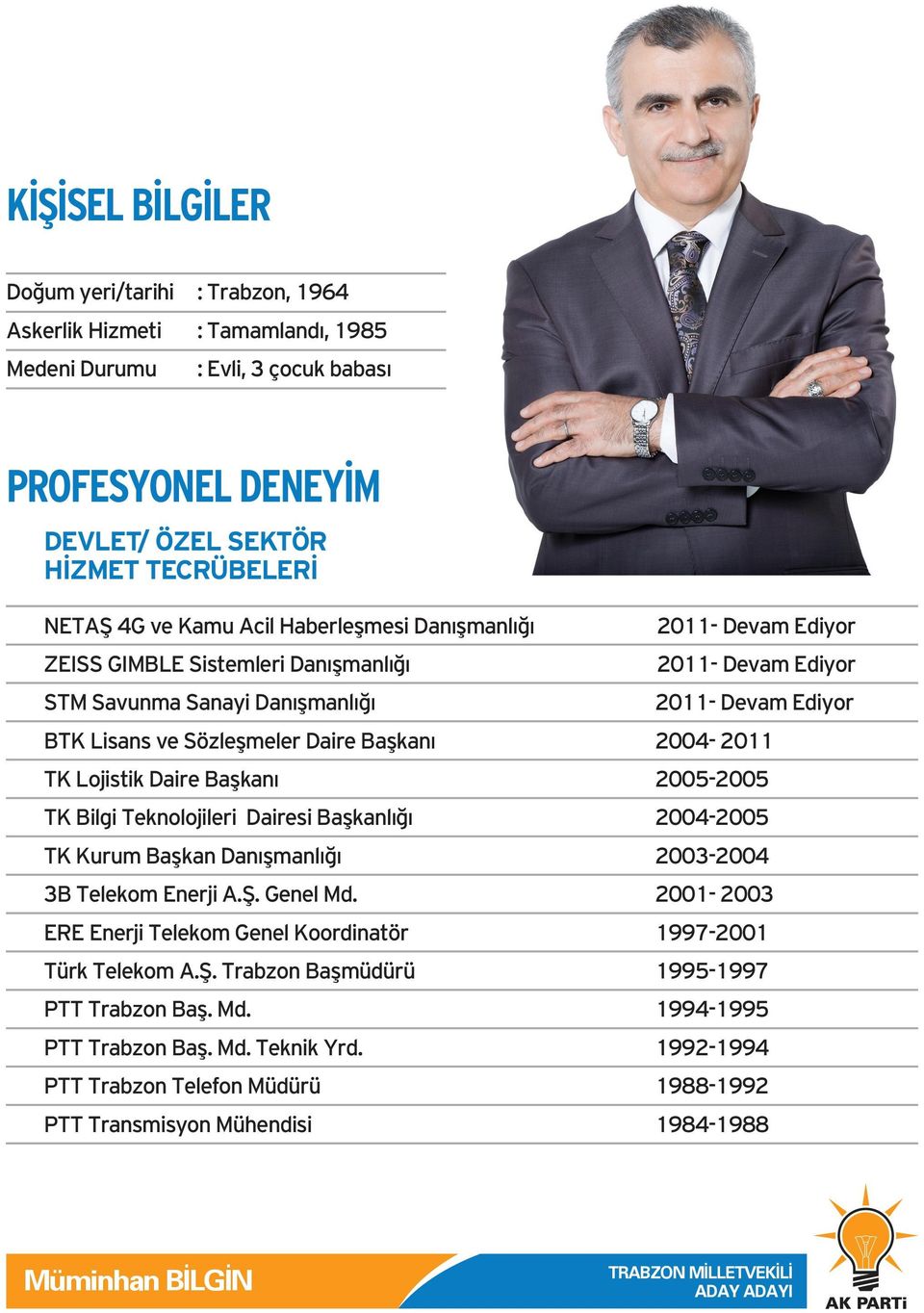 2004-2011 TK Lojistik Daire Başkanı 2005-2005 TK Bilgi Teknolojileri Dairesi Başkanlığı 2004-2005 TK Kurum Başkan Danışmanlığı 2003-2004 3B Telekom Enerji A.Ş. Genel Md.