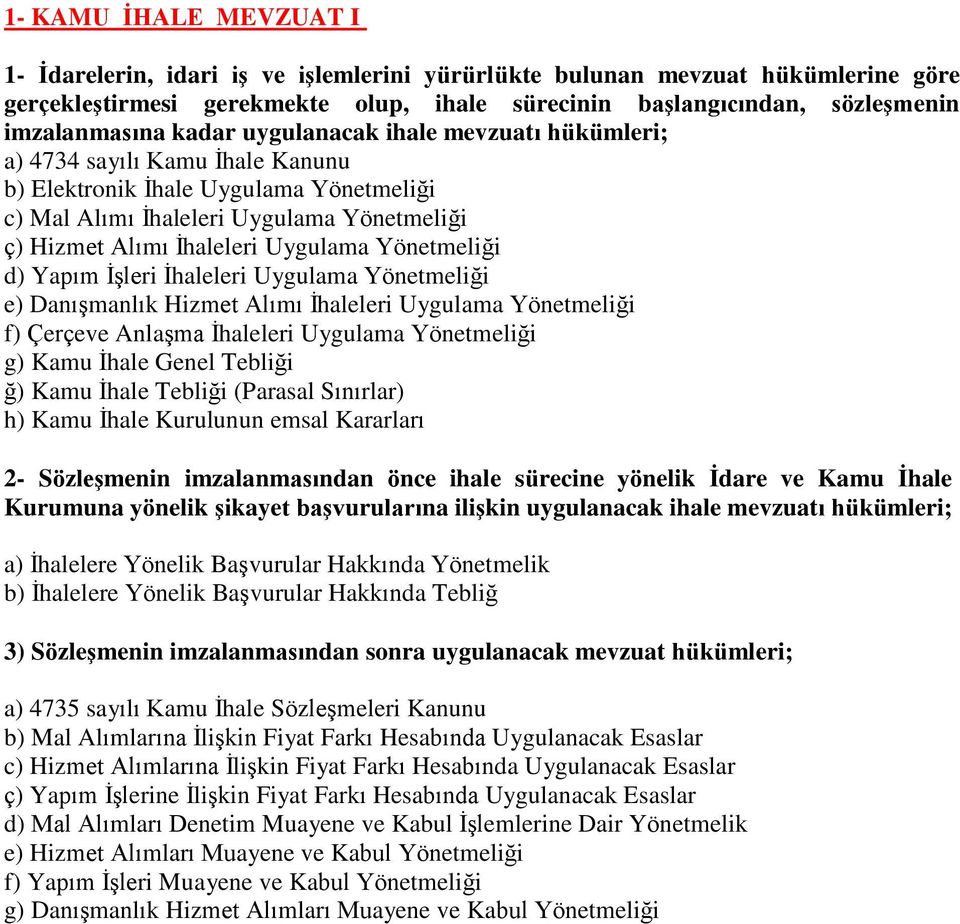 Yönetmeliği d) Yapım İşleri İhaleleri Uygulama Yönetmeliği e) Danışmanlık Hizmet Alımı İhaleleri Uygulama Yönetmeliği f) Çerçeve Anlaşma İhaleleri Uygulama Yönetmeliği g) Kamu İhale Genel Tebliği ğ)